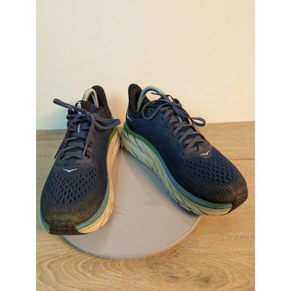Hoka One One Clifton 7 Mens Sz 9 Navy Green Running Lace Up Athletic Shoes - Picture 1 of 12